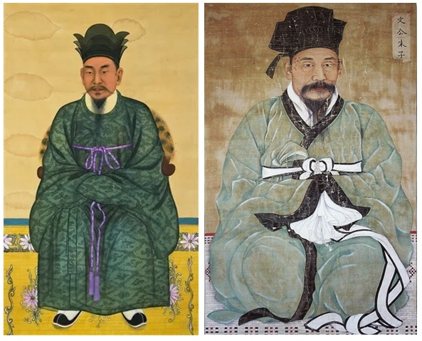 조선시대 말 어진(임금초상) 화가였던 김은호 화백이 그린 수운 최제우 초상(왼쪽초상)과 역시 어진 화가였던 채용신 화백이 그린 주자 초상(오른쪽초상)